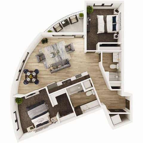 Floor plan for 2 beds, 2 baths, 1055 sqft